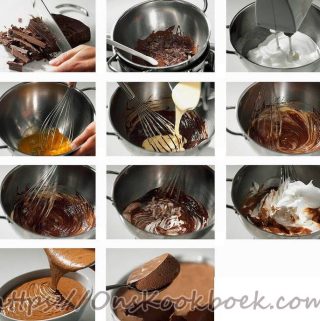 Stap-voor-stap chocolademousse recept met chocolade smelten, eieren kloppen, room mengen en luchtige mousse serveren