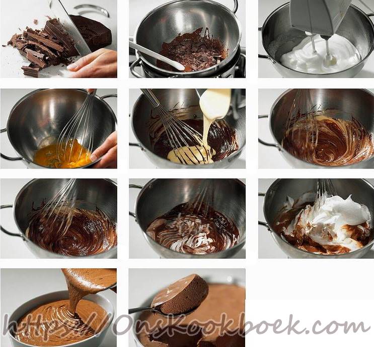 Stap-voor-stap chocolademousse recept met chocolade smelten, eieren kloppen, room mengen en luchtige mousse serveren