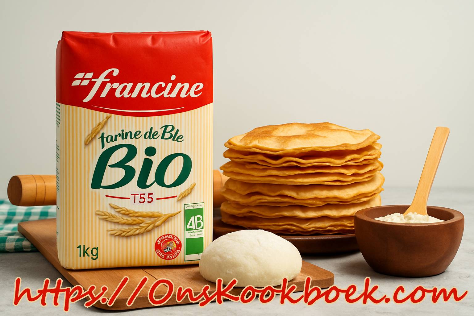 Stapel pannenkoeken met zak Francine T55 bloem en brooddeeg op houten werkplank