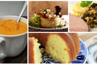 Collage van vier heerlijke Vlaamse gerechten: romige butternutsoep, klassieke vol-au-vent met kip, gestoofde savooikool met spek en een luchtige cake als dessert.
