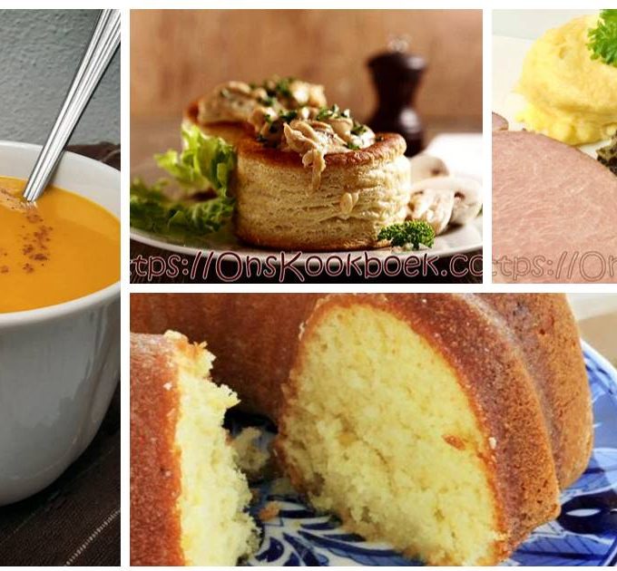 Collage van vier heerlijke Vlaamse gerechten: romige butternutsoep, klassieke vol-au-vent met kip, gestoofde savooikool met spek en een luchtige cake als dessert.