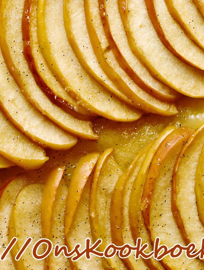 Appeltaart van Piet Huysentruyt met dunne schijfjes appel en glanzende boter-suikertopping