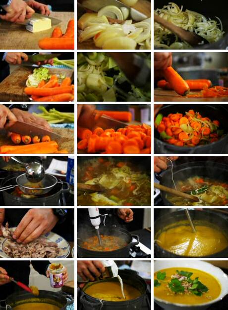 Simpele wortelsoep met ui, selder en curry